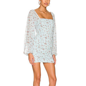 Revolve Blue Calico Mini Dress XXS Ruched Chiffon Cottagecore More to Come NEW